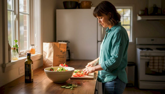Woman preparing fresh vegetables in kitchen