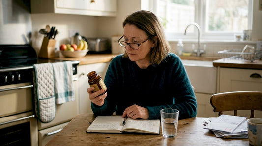 Woman reviewing supplements at kitchen table