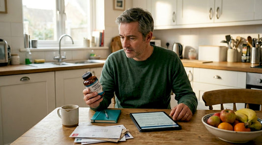 Man reading omega-3 supplement label at kitchen table