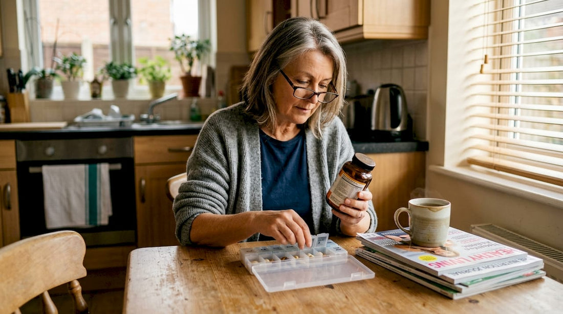 Woman managing supplement routine at kitchen table