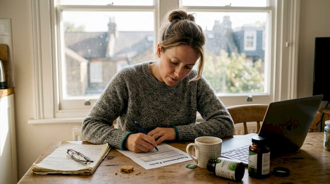 Woman reading supplement sheet at kitchen table