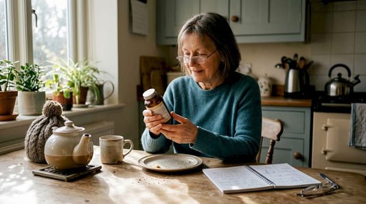 Older adult reading supplement label at kitchen table