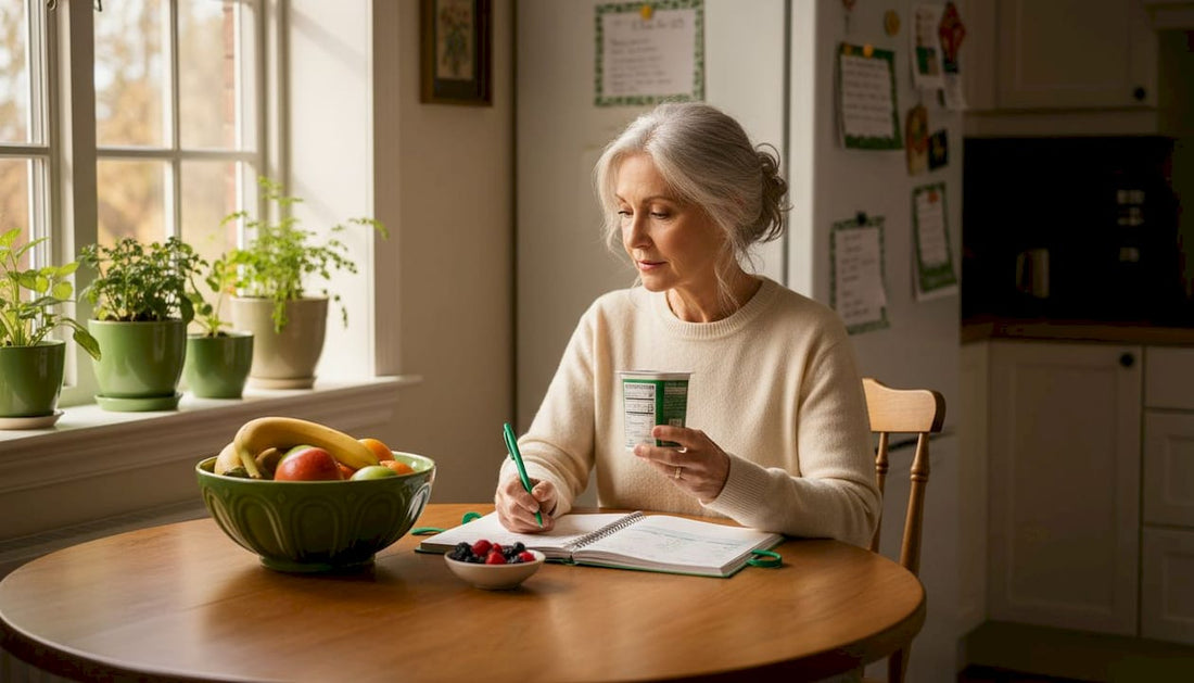 Woman reviewing nutrition at kitchen table