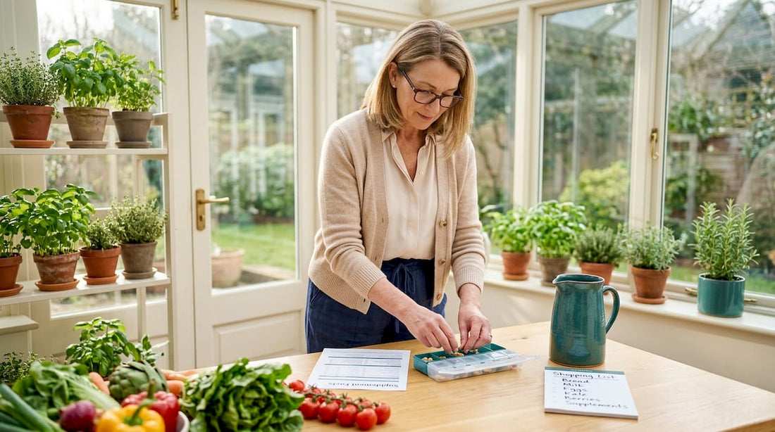 Woman arranging non-GMO supplements in kitchen