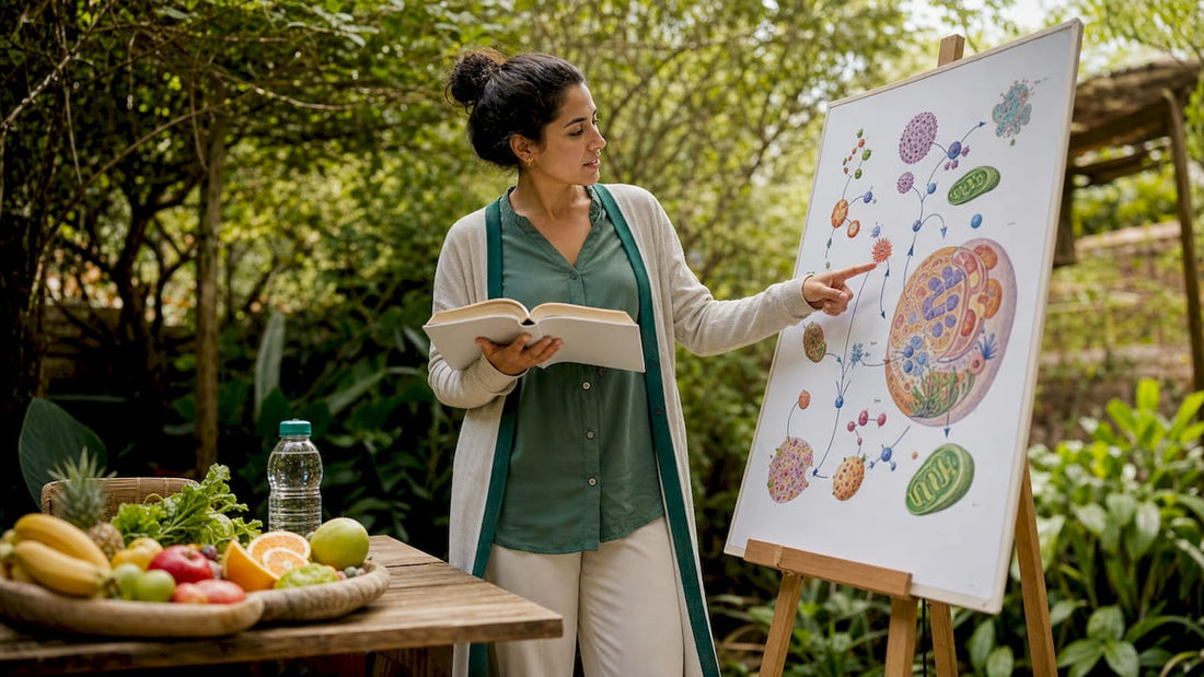 Nutritionist in kitchen explaining vitamins for energy
