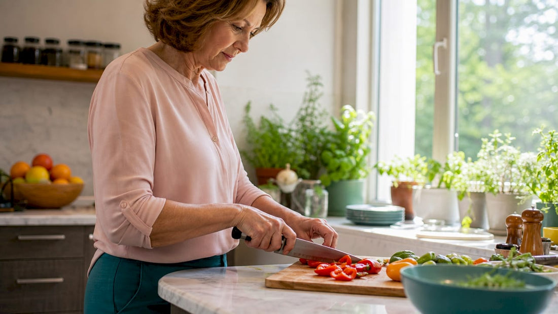 Mature woman preparing healthy meal in kitchen