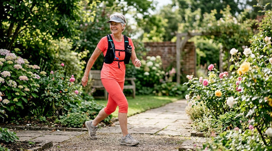 Older woman jogging in park morning