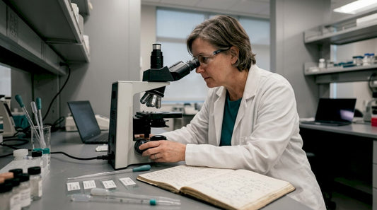 Researcher examining skin biopsy under microscope