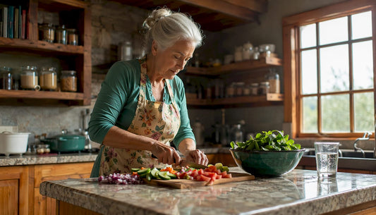 Elderly woman preparing healthy meal in kitchen
