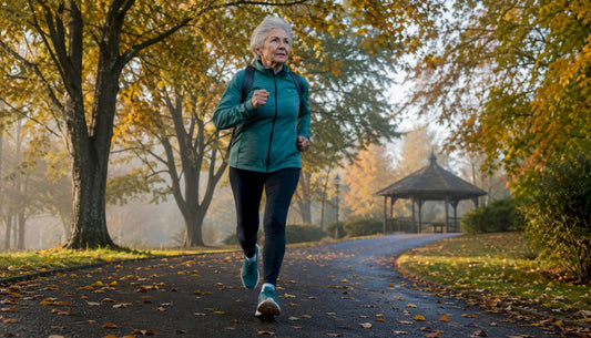Elderly woman walking briskly in park