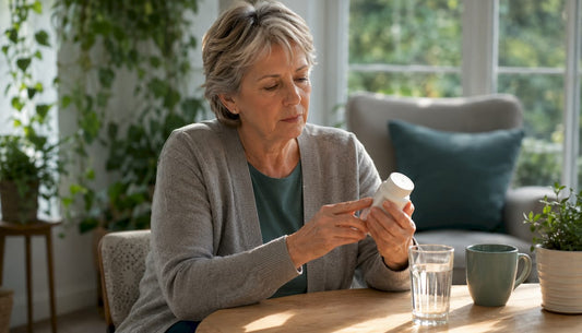 Elderly woman reading vitamin D supplement label