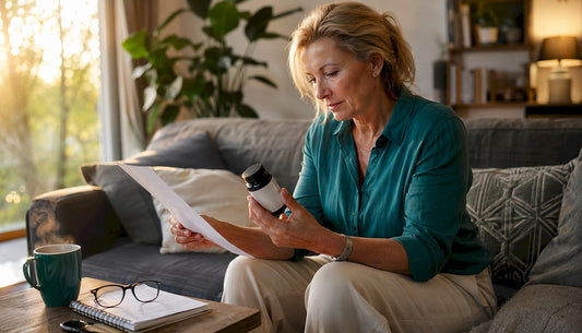 Woman reviewing NMN COA with supplement bottle