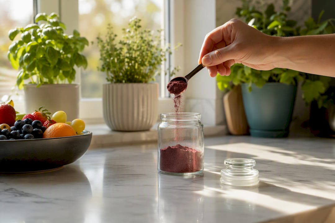 Hand measuring resveratrol supplement powder