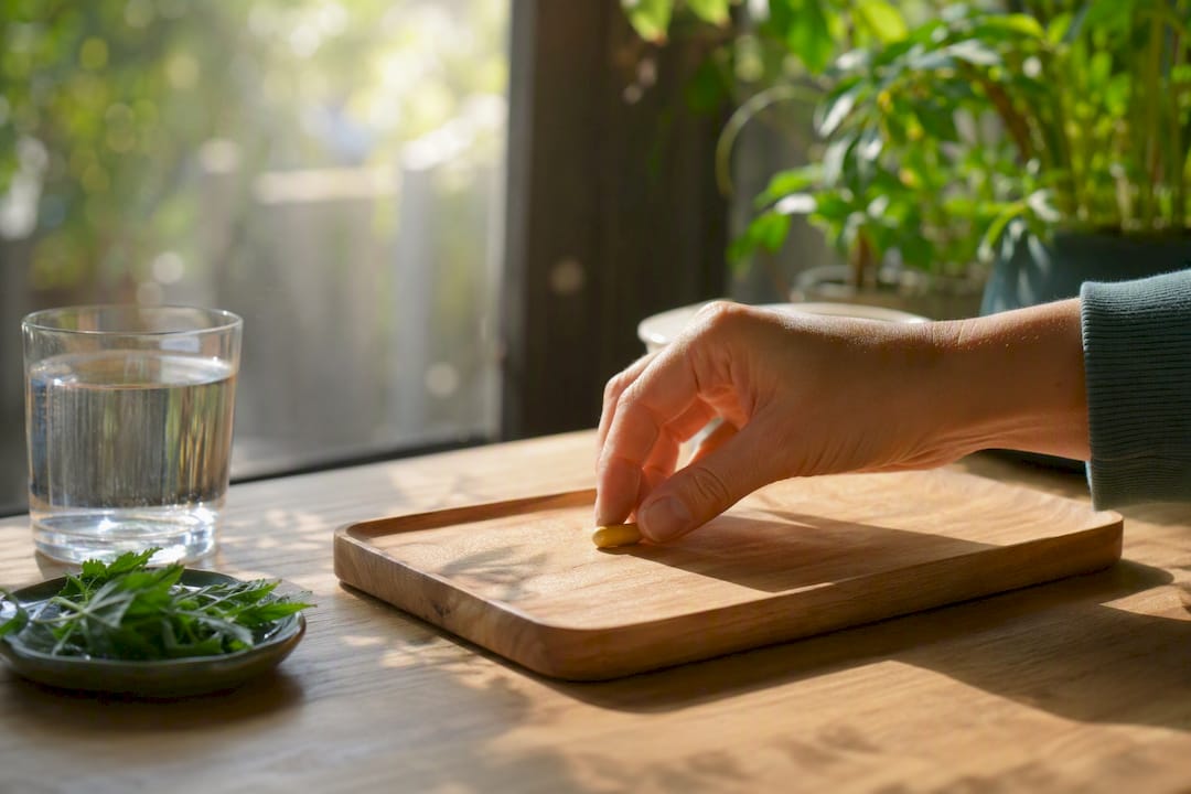 Hand placing berberine capsule beside water glass