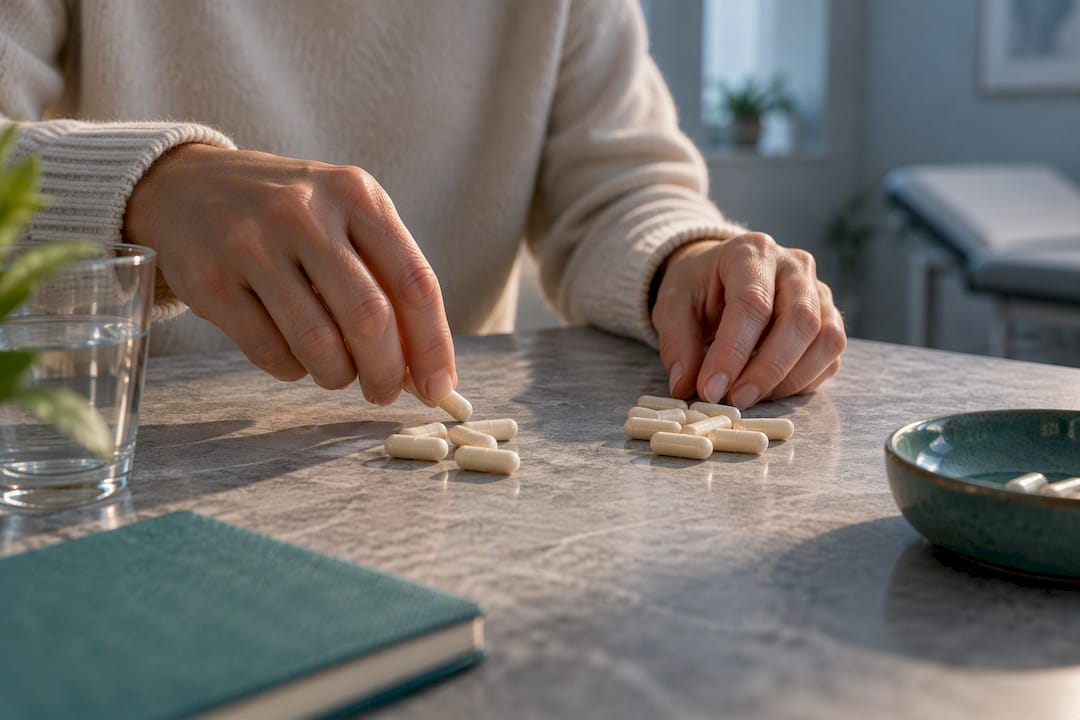 Hands grouping capsules by daily dose