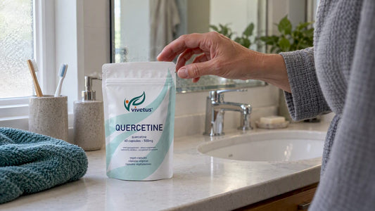 Vivetus quercetin supplement beside bathroom sink