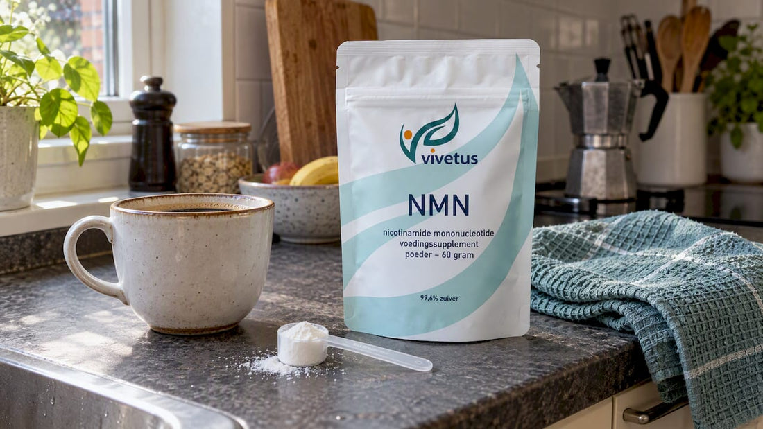 Vivetus NMN powder beside a measured coffee dose