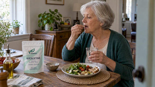 Older woman taking quercetin with lunch