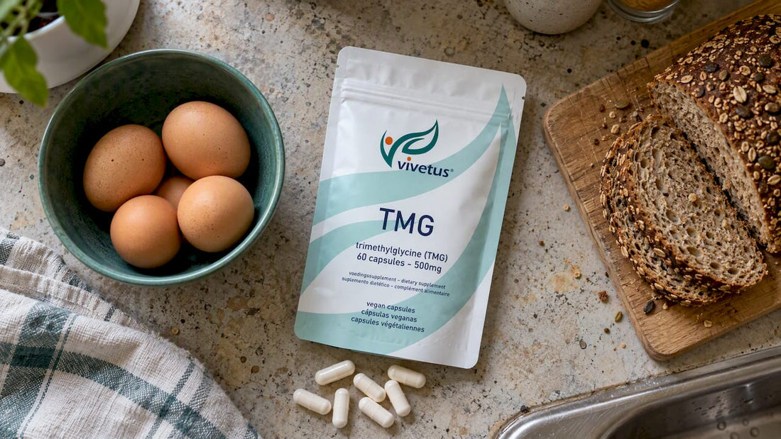 TMG product beside eggs and whole-grain bread