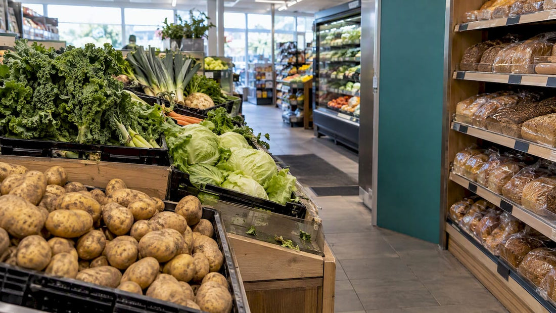 Potatoes, vegetables, and wholegrain bread in a shop